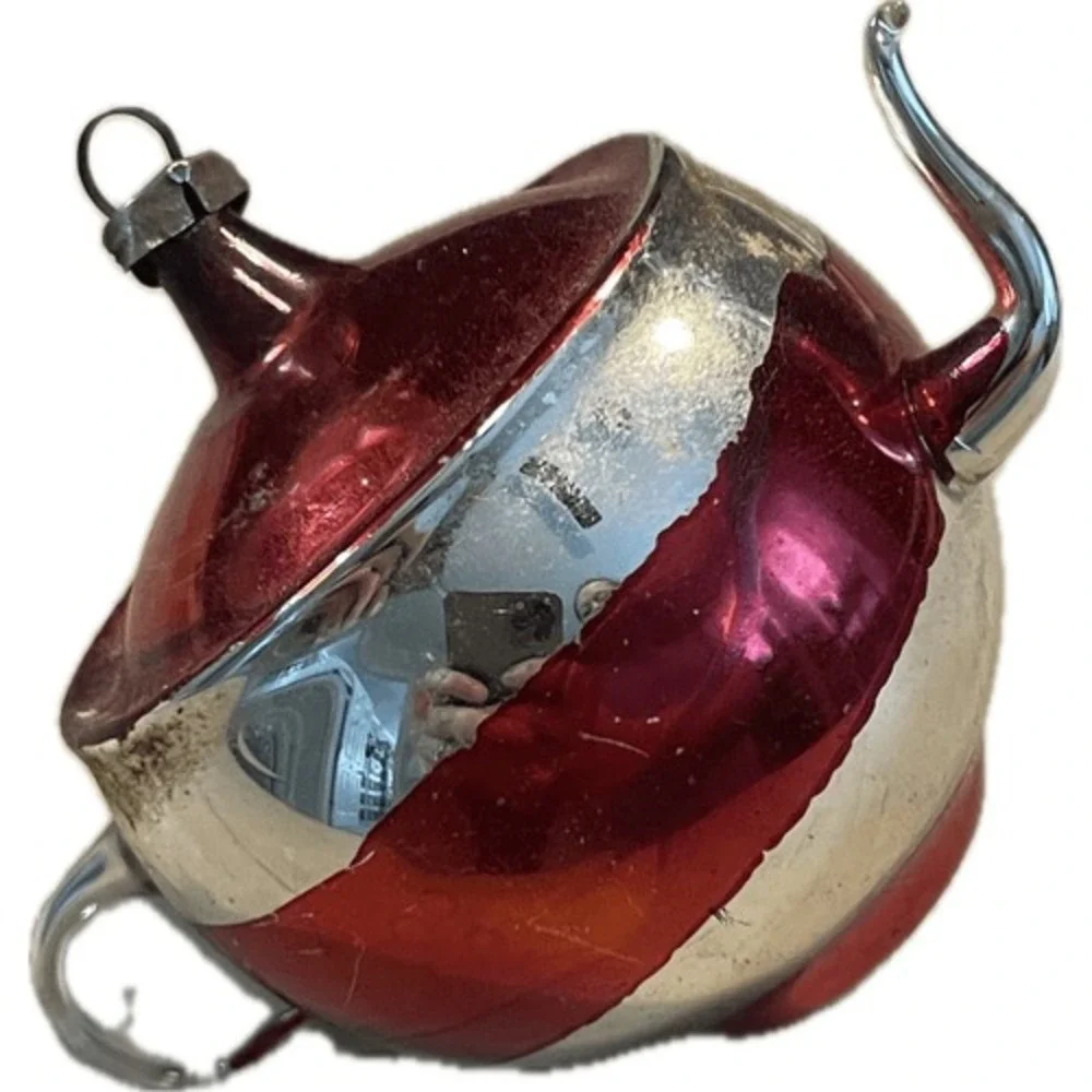 Vintage Mercury‎ Glass Teapot Christmas Ornament Red Silver Floral Hand Painted